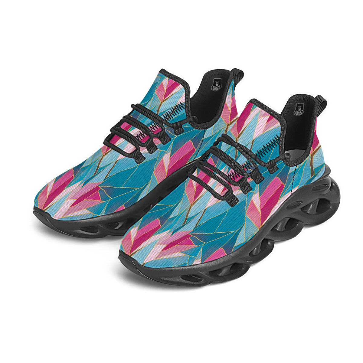 Tulip Polygon Print Pattern Black Running Shoes-grizzshop