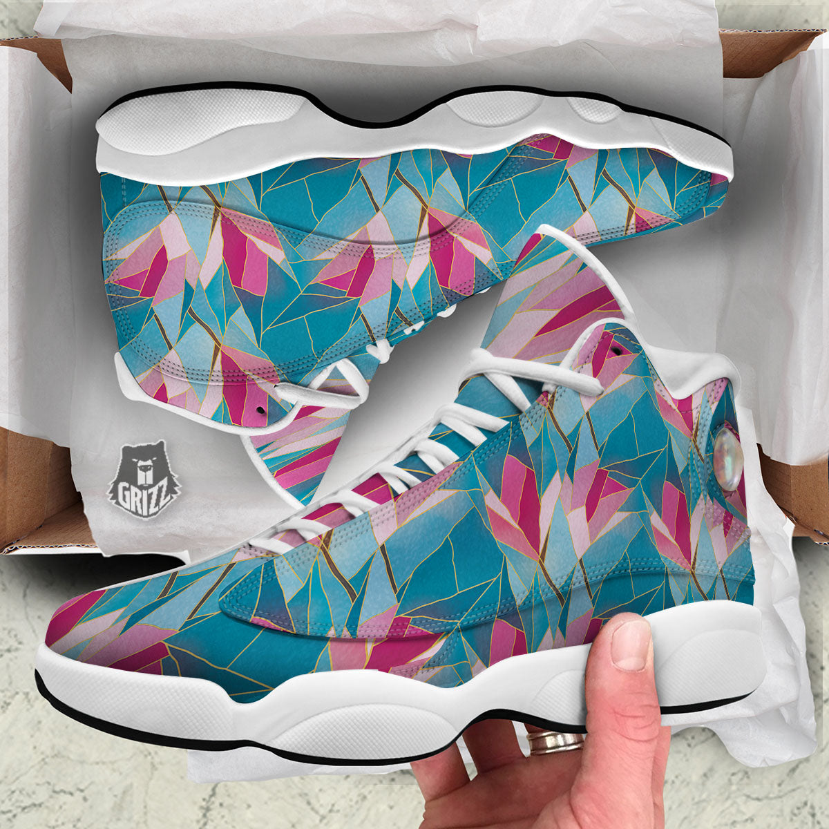 Tulip Polygon Print Pattern White Basketball Shoes-grizzshop