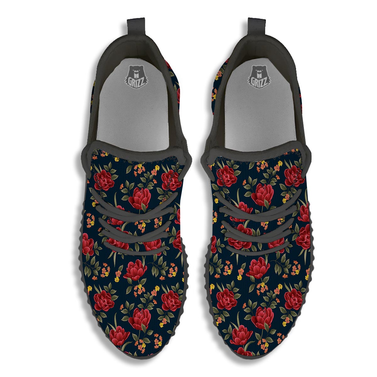 Tulip Red Print Pattern Black Walking Shoes-grizzshop