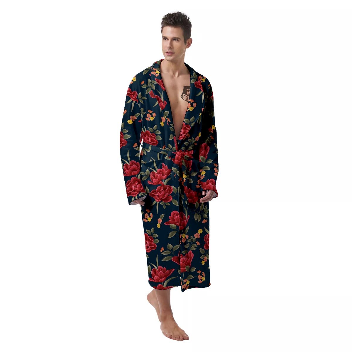 Tulip Red Print Pattern Men's Robe-grizzshop