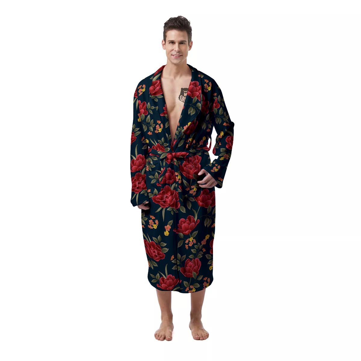 Tulip Red Print Pattern Men's Robe-grizzshop