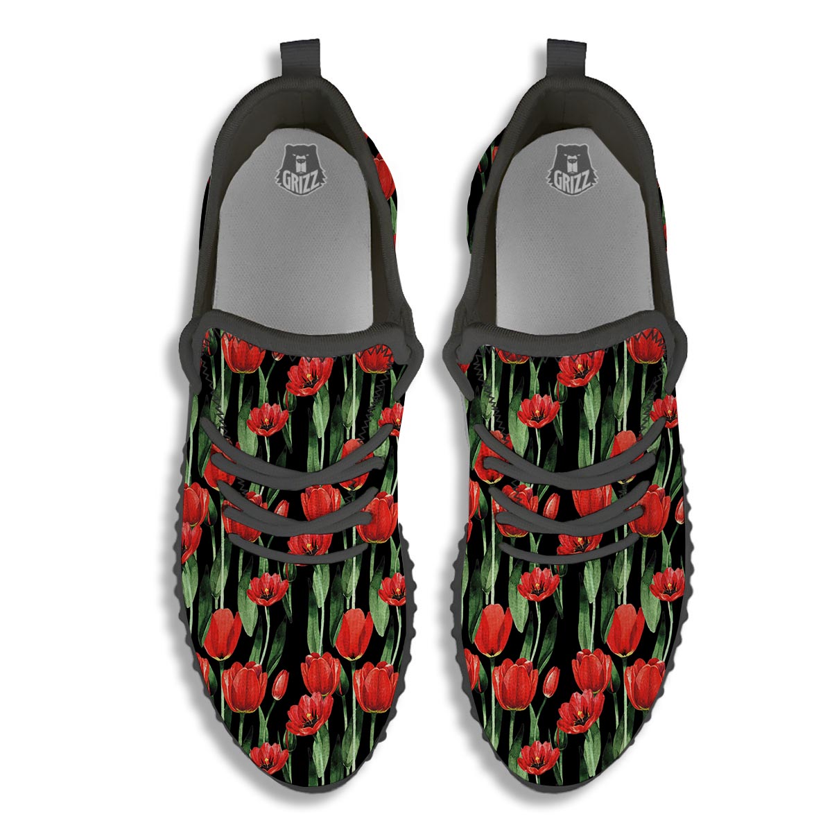 Tulip Red Watercolor Print Pattern Black Walking Shoes-grizzshop