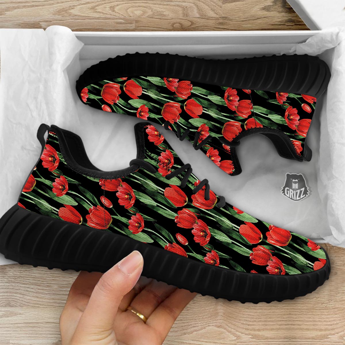 Tulip Red Watercolor Print Pattern Black Walking Shoes-grizzshop