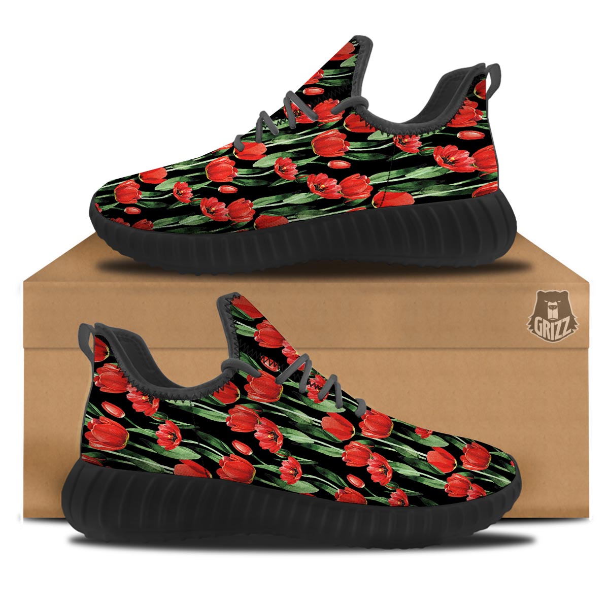 Tulip Red Watercolor Print Pattern Black Walking Shoes-grizzshop