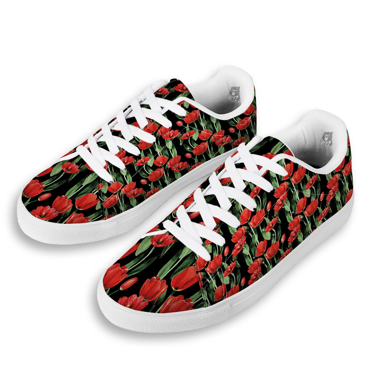 Tulip Red Watercolor Print Pattern White Low Top Sneakers-grizzshop