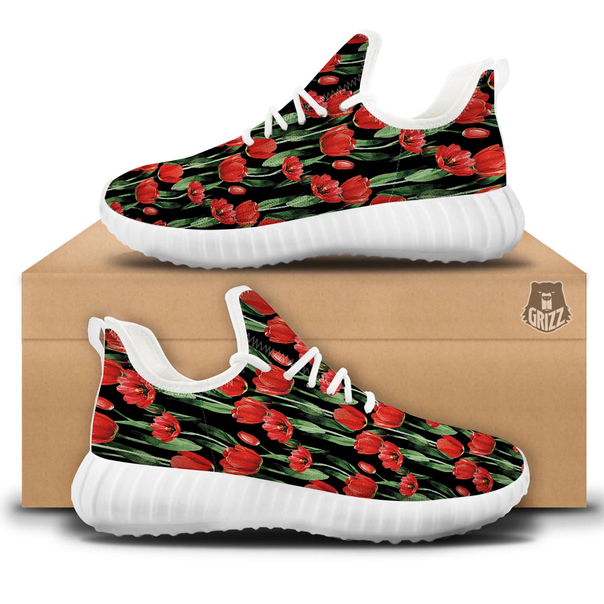 Tulip Red Watercolor Print Pattern White Walking Shoes-grizzshop