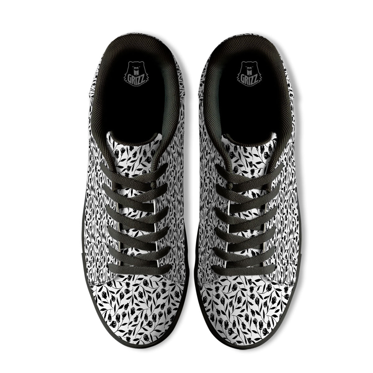 Tulip White And Black Print Pattern Black Low Top Sneakers-grizzshop