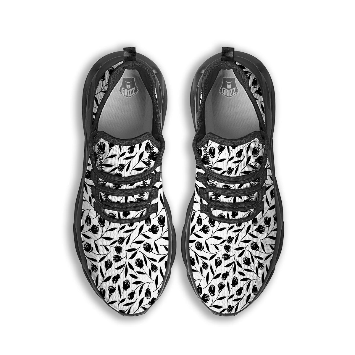 Tulip White And Black Print Pattern Black Running Shoes-grizzshop
