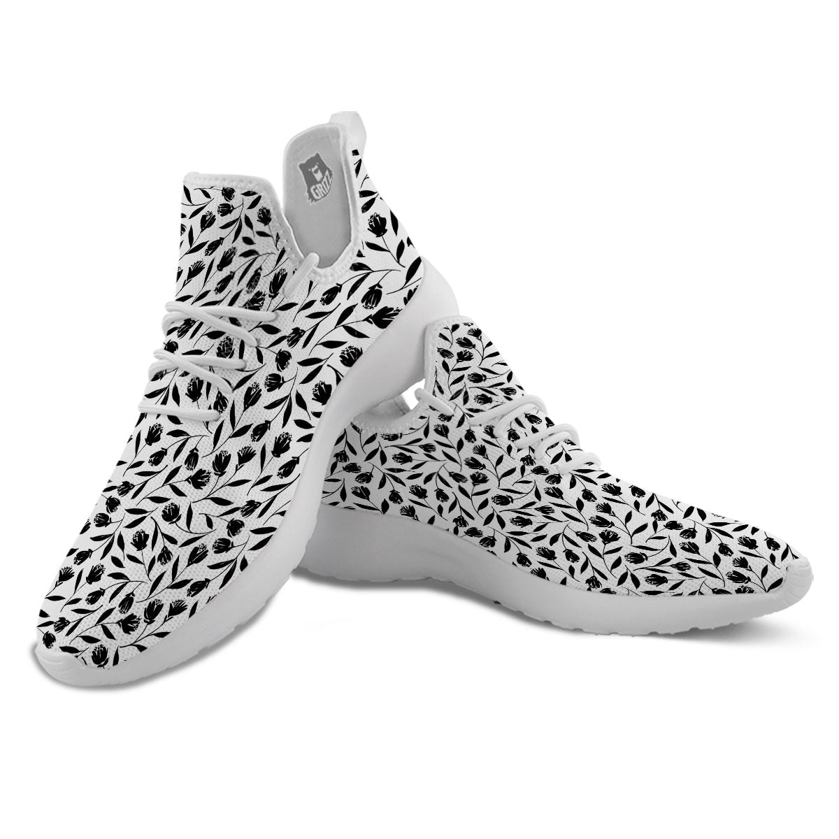 Tulip White And Black Print Pattern White Athletic Shoes-grizzshop