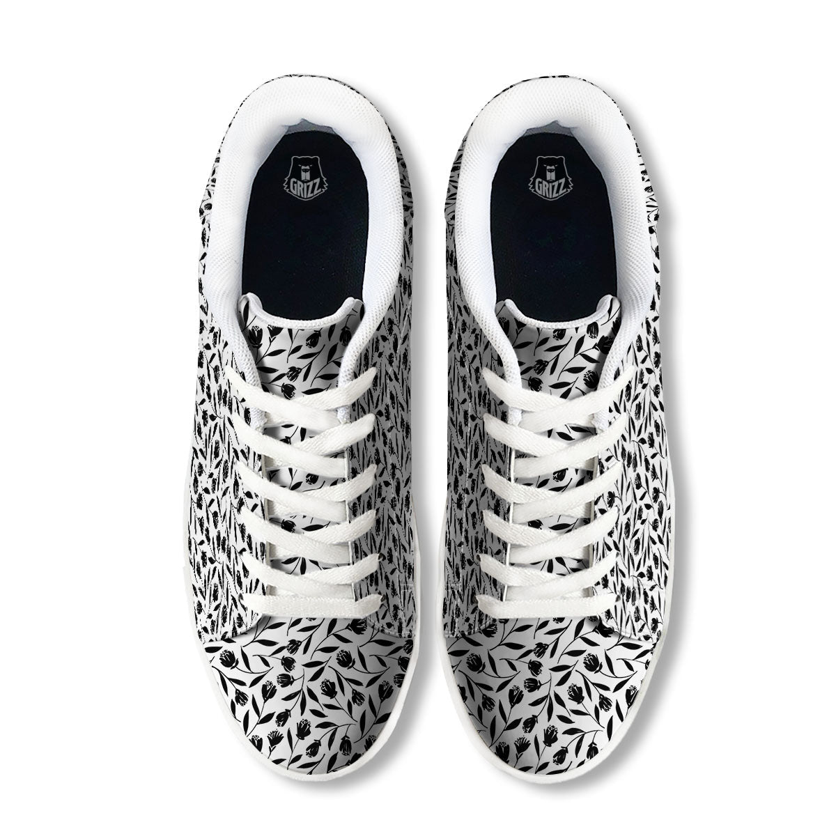 Tulip White And Black Print Pattern White Low Top Sneakers-grizzshop