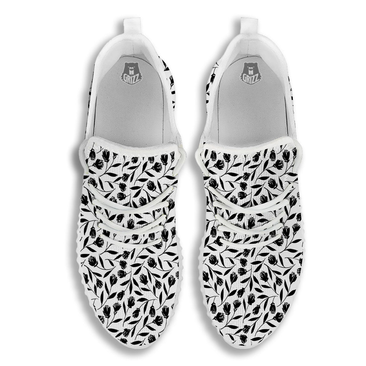 Tulip White And Black Print Pattern White Walking Shoes-grizzshop