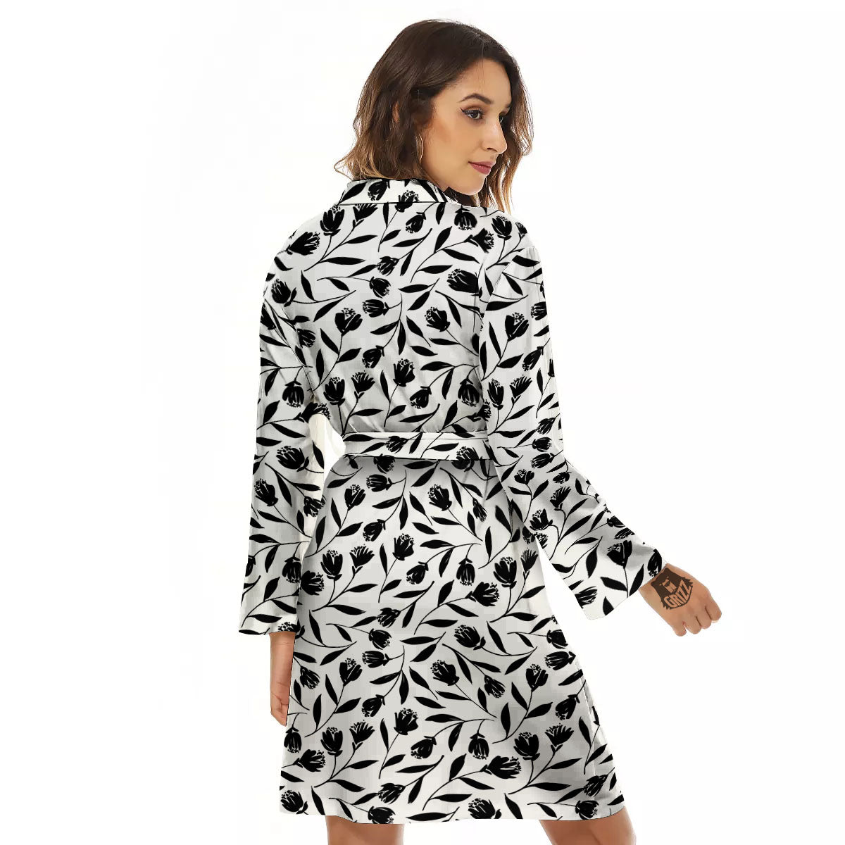 Tulip White And Black Print Pattern Women's Robe-grizzshop