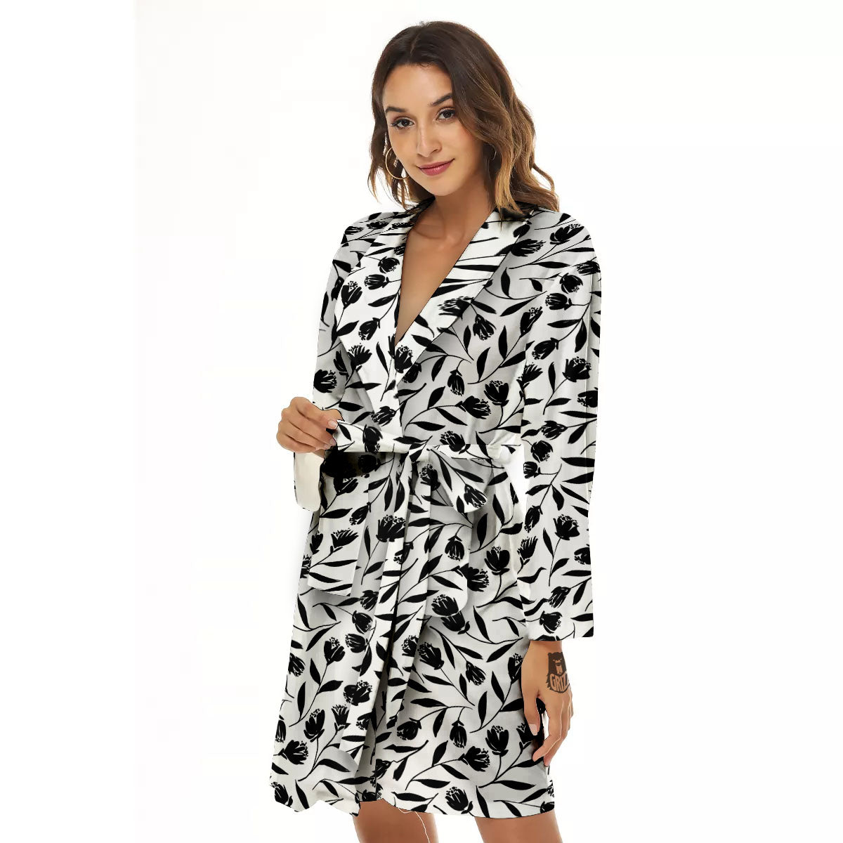 Tulip White And Black Print Pattern Women's Robe-grizzshop