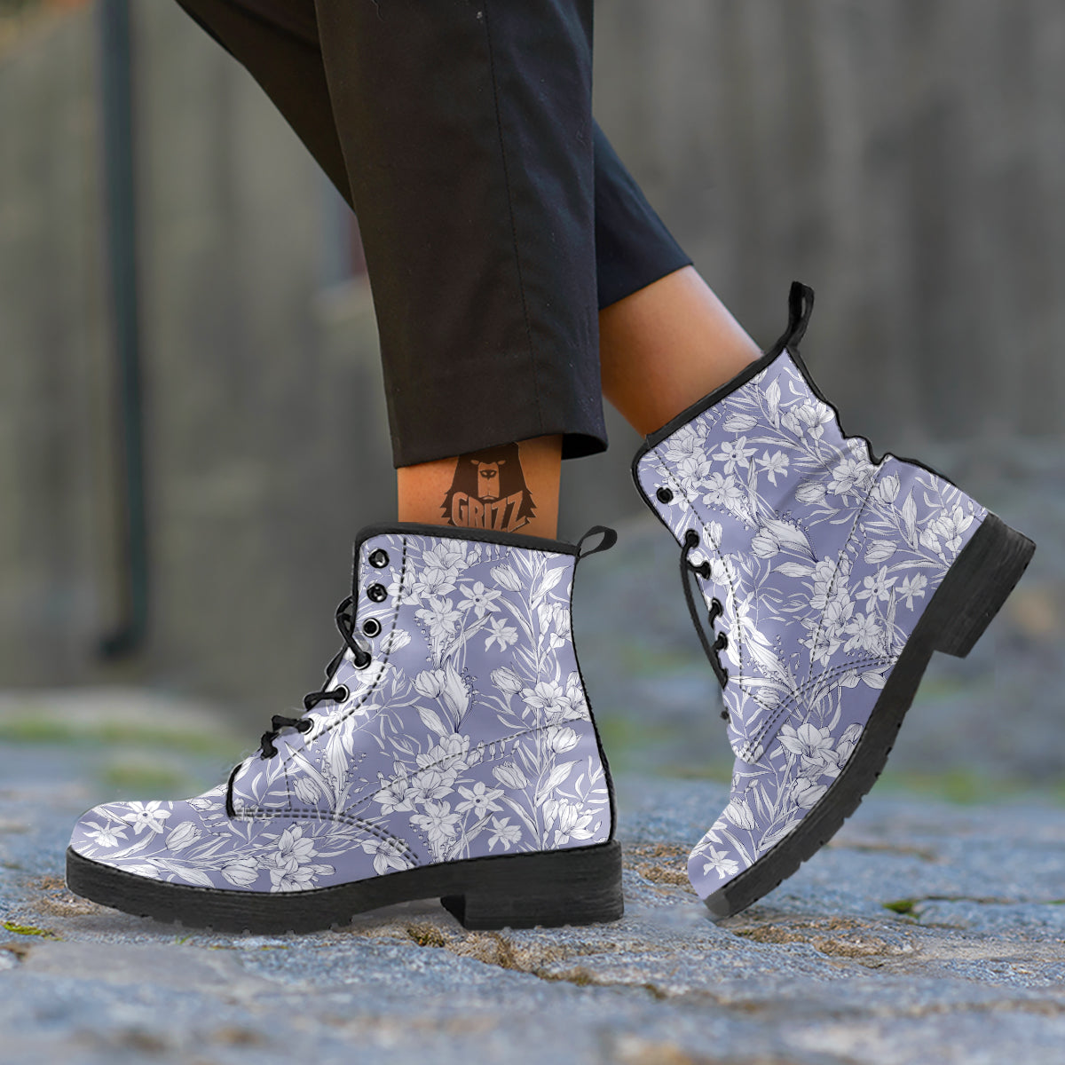 Tulip White Print Pattern Leather Boots-grizzshop