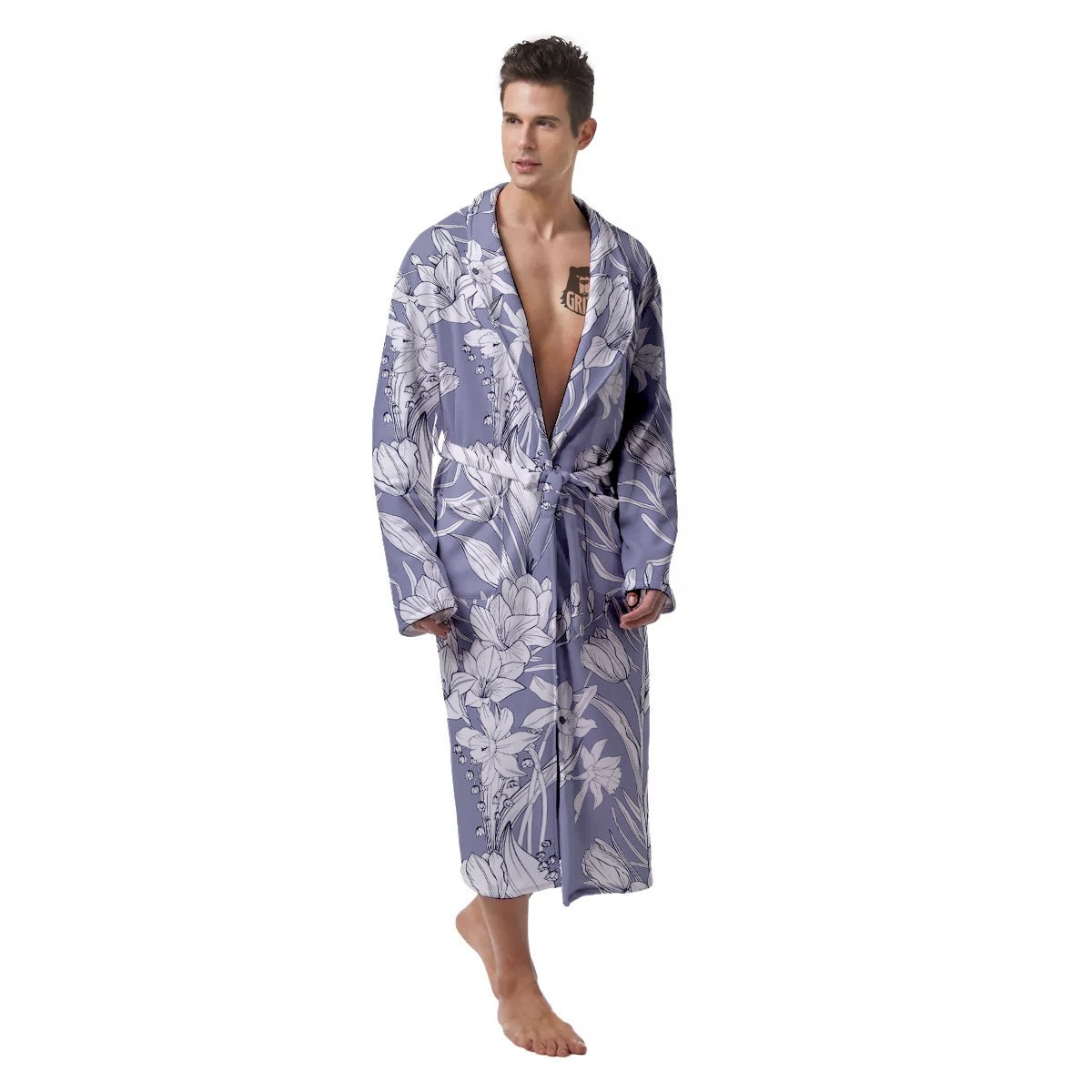 Tulip White Print Pattern Men's Robe-grizzshop