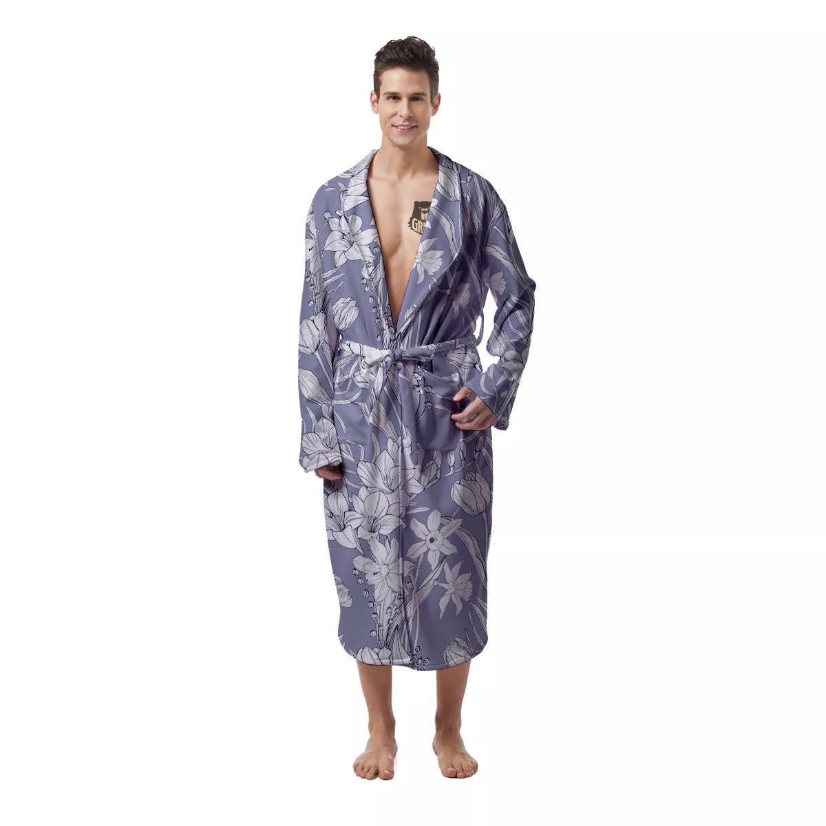 Tulip White Print Pattern Men's Robe-grizzshop