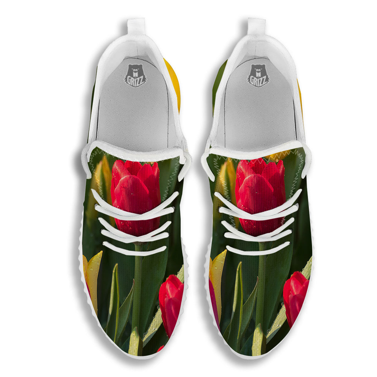 Tulip Yellow And Red Print White Walking Shoes-grizzshop