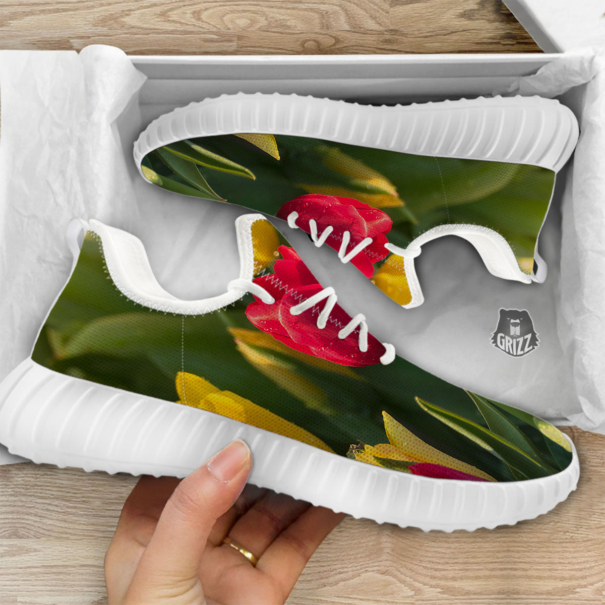 Tulip Yellow And Red Print White Walking Shoes-grizzshop