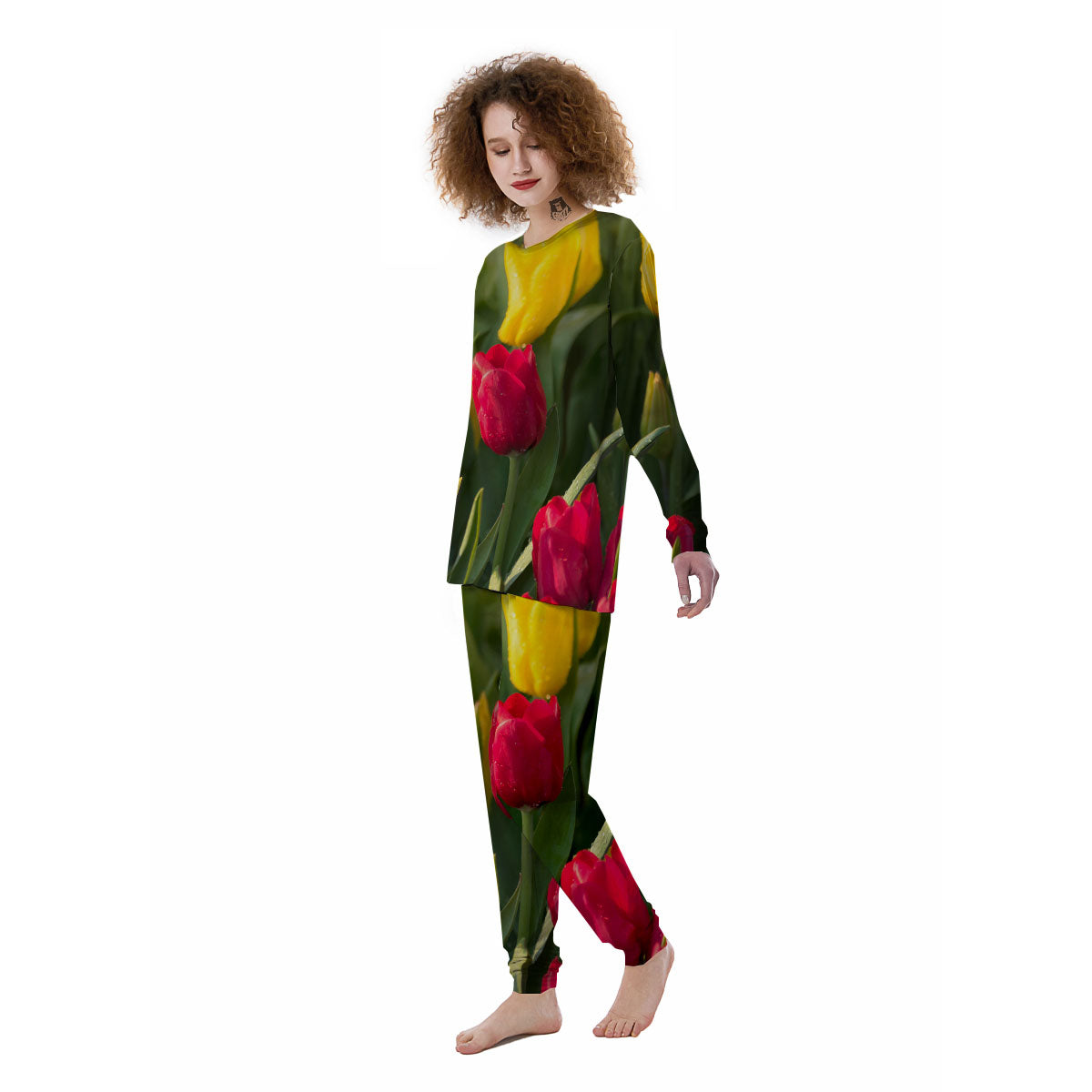 Tulip Yellow And Red Print Women's Pajamas-grizzshop