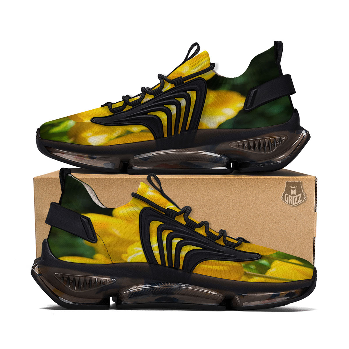 Tulip Yellow Print Black Gym Shoes-grizzshop