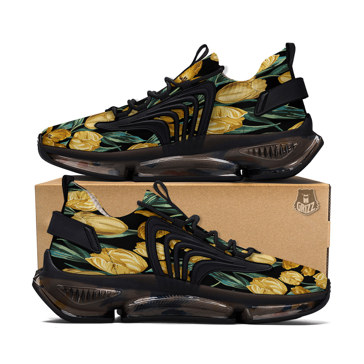 Tulip Yellow Print Pattern Black Gym Shoes-grizzshop