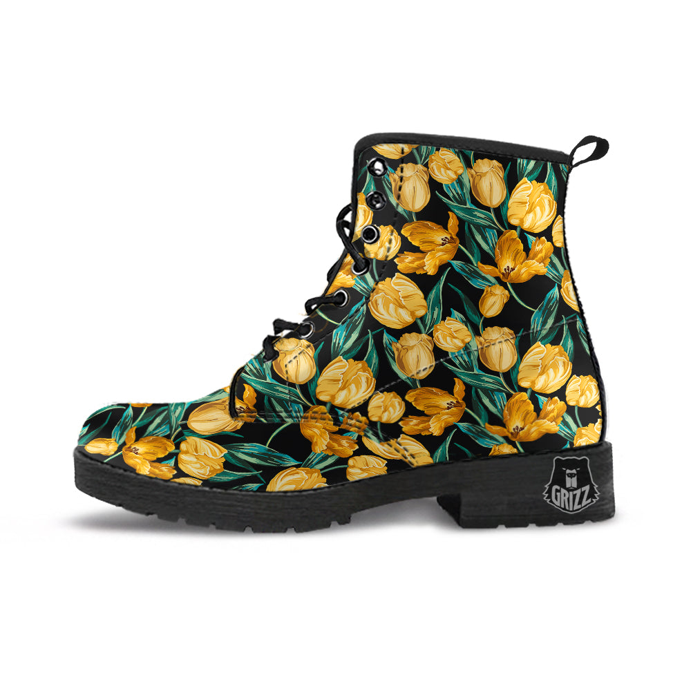 Tulip Yellow Print Pattern Leather Boots-grizzshop