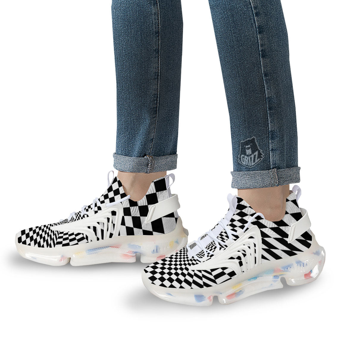 Tunnel Illusion White And Black Print White Gym Shoes-grizzshop