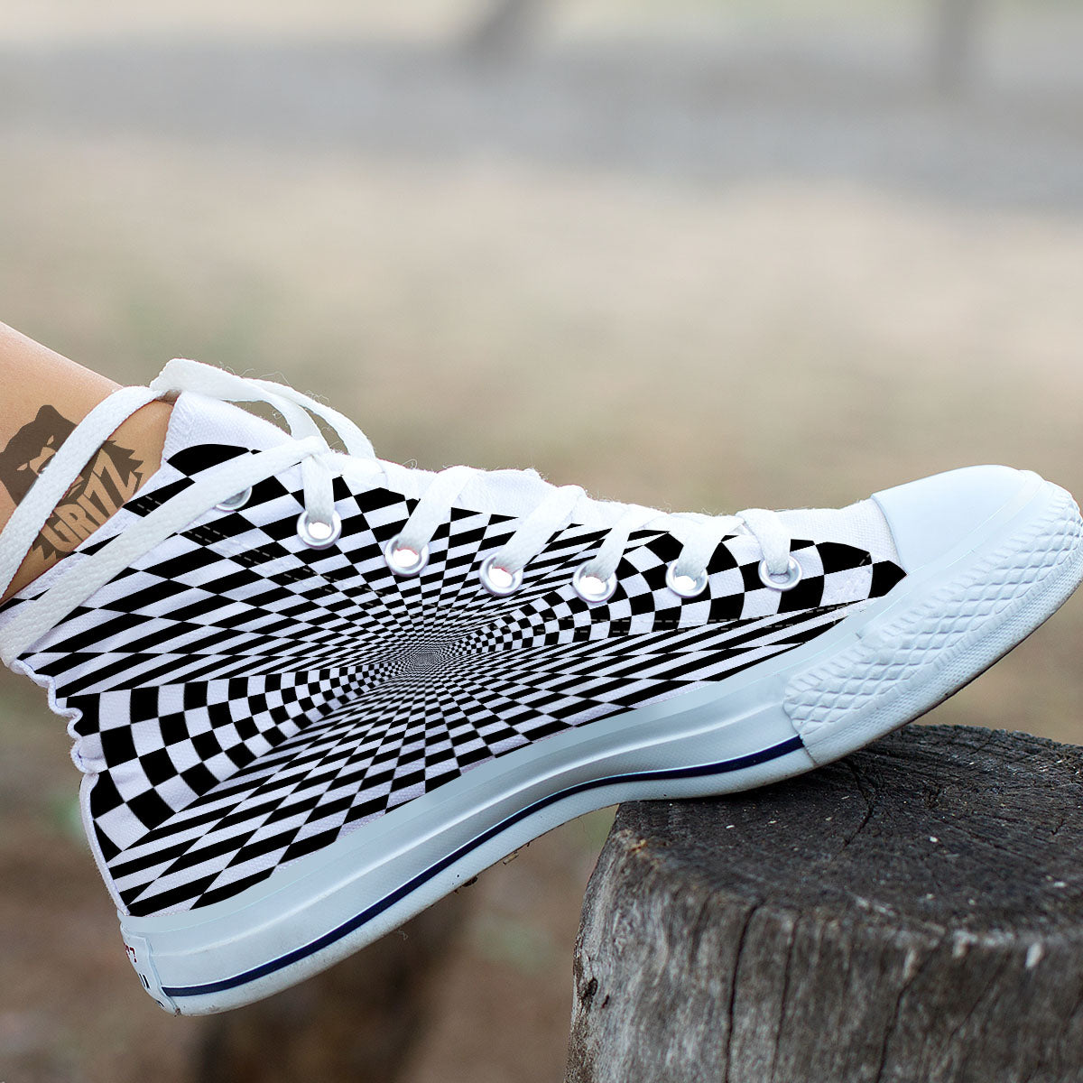 Tunnel Illusion White And Black Print White High Top Shoes-grizzshop