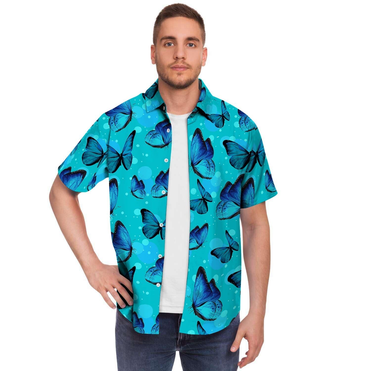 Turquoise Bubble Butterfly Print Men's Short Sleeve Shirt-grizzshop