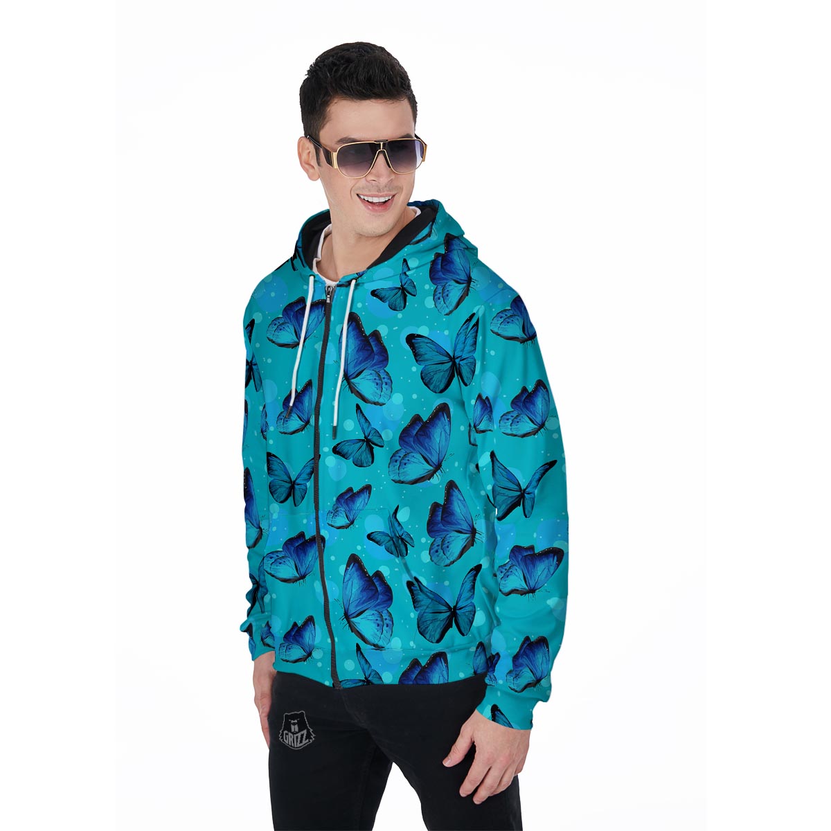 Turquoise Bubble Butterfly Print Men's Zip Up Hoodie-grizzshop