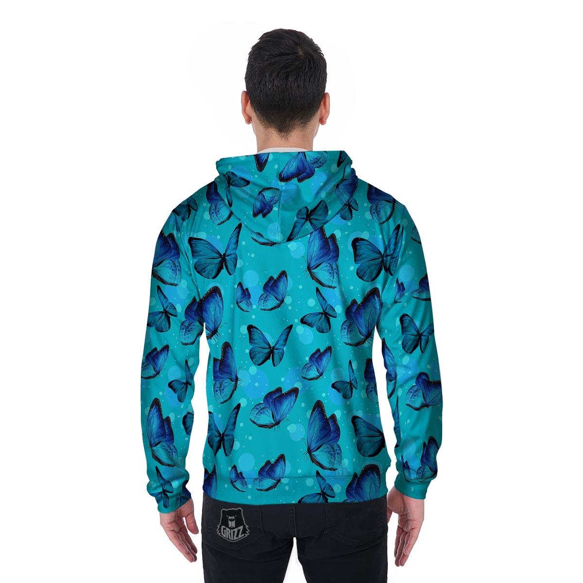 Turquoise Bubble Butterfly Print Men's Zip Up Hoodie-grizzshop