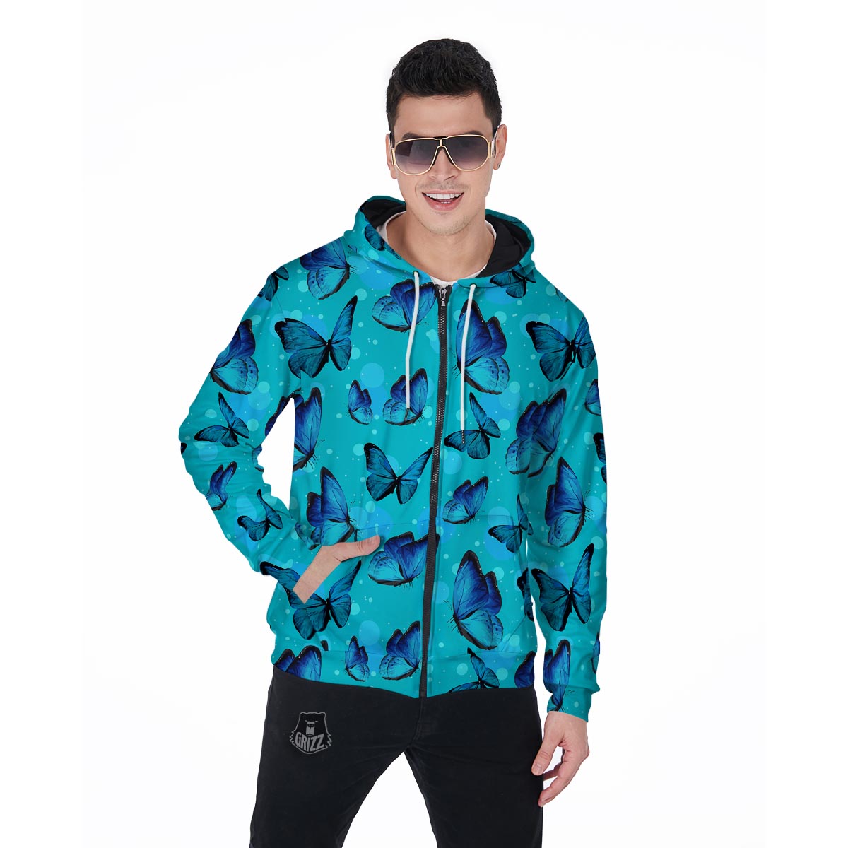 Turquoise Bubble Butterfly Print Men's Zip Up Hoodie-grizzshop