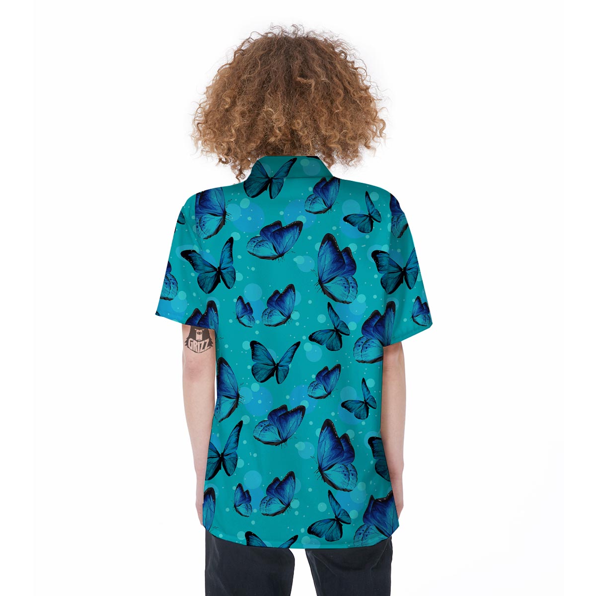 Turquoise Bubble Butterfly Print Women's Short Sleeve Shirts-grizzshop