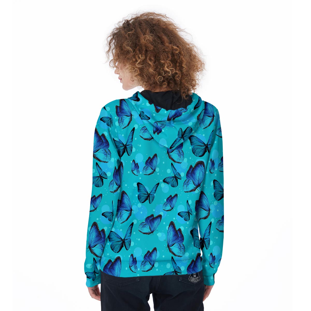 Turquoise Bubble Butterfly Print Women's Zip Up Hoodie-grizzshop