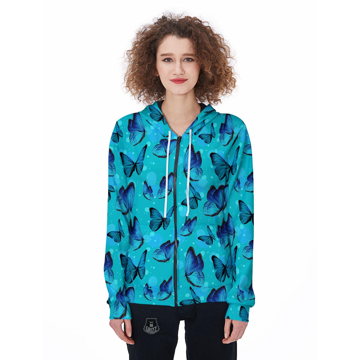 Turquoise Bubble Butterfly Print Women's Zip Up Hoodie-grizzshop