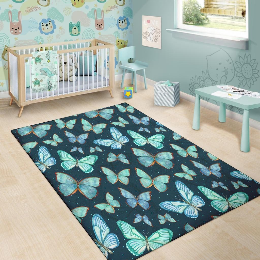 Turquoise Butterfly Print Floor Mat-grizzshop