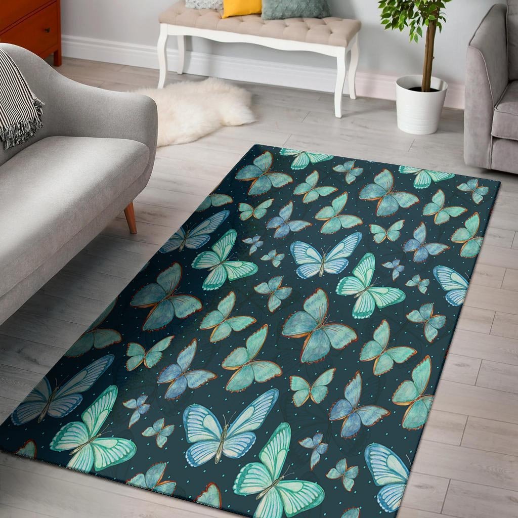 Turquoise Butterfly Print Floor Mat-grizzshop