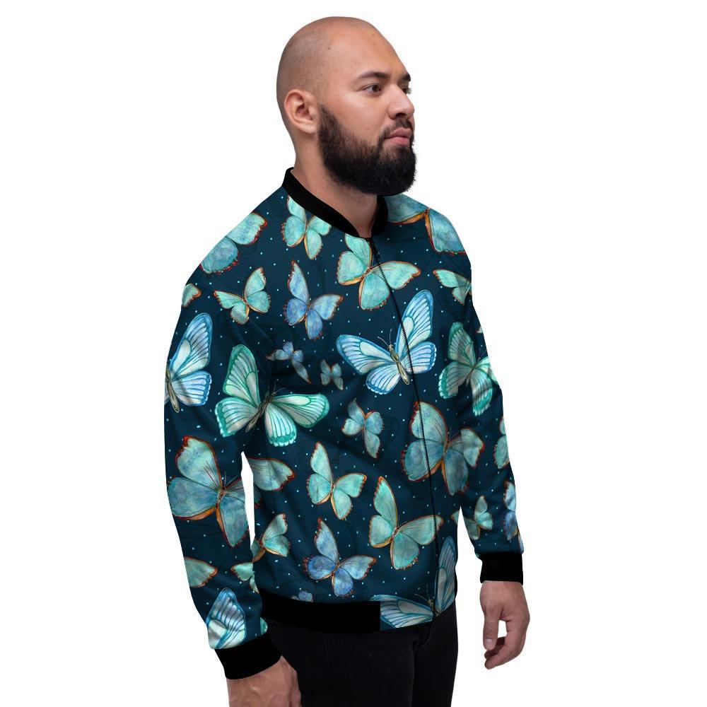 Turquoise Butterfly Print Men's Bomber Jacket-grizzshop