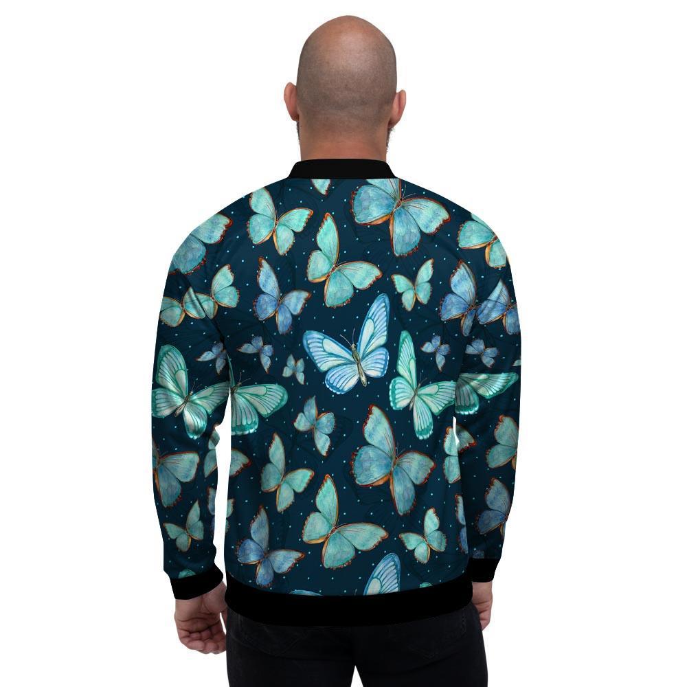 Turquoise Butterfly Print Men's Bomber Jacket-grizzshop