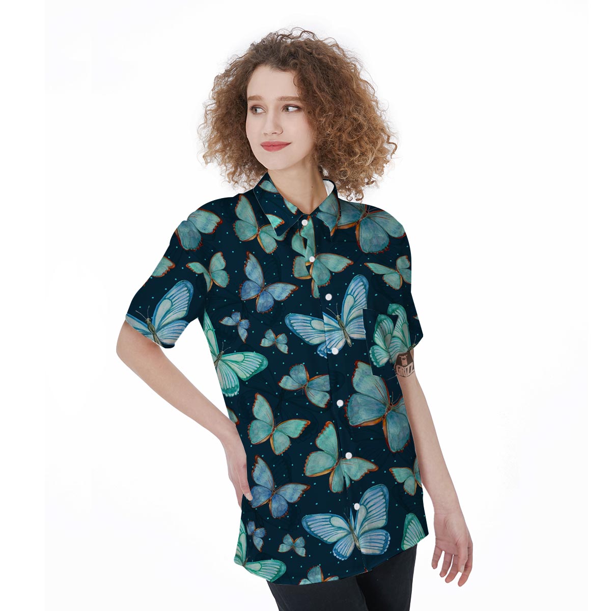 Turquoise Butterfly Print Women's Short Sleeve Shirts-grizzshop
