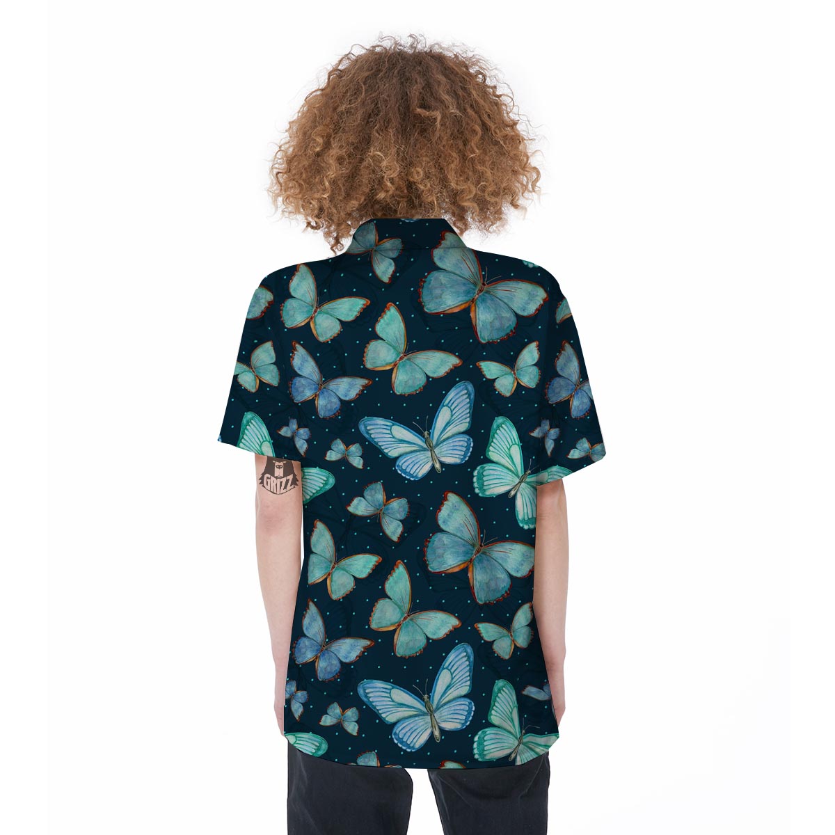Turquoise Butterfly Print Women's Short Sleeve Shirts-grizzshop