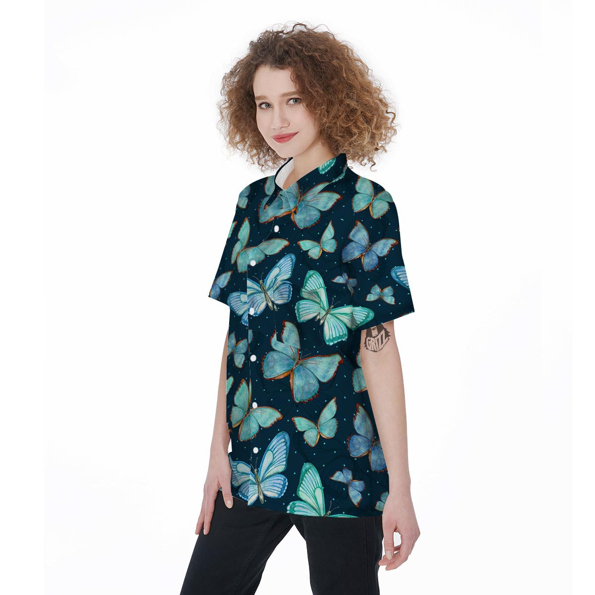 Turquoise Butterfly Print Women's Short Sleeve Shirts-grizzshop