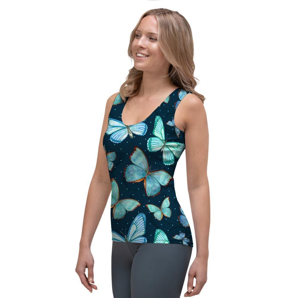 Turquoise Butterfly Print Women's Tank Top-grizzshop
