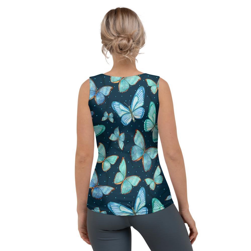 Turquoise Butterfly Print Women's Tank Top-grizzshop