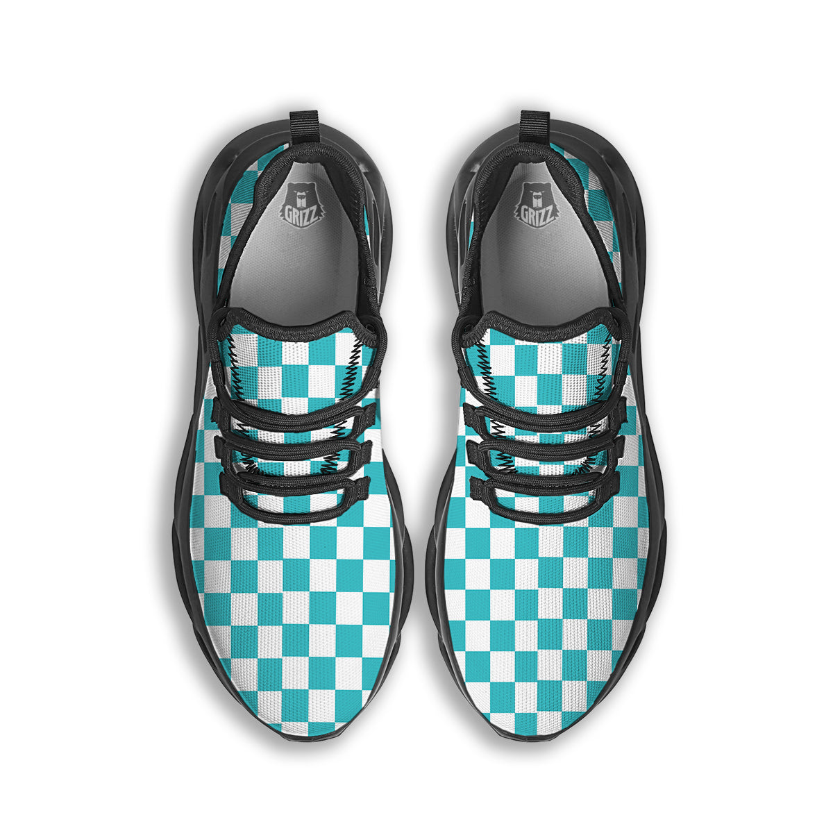 Turquoise Checkered Flag Print Black Running Shoes-grizzshop