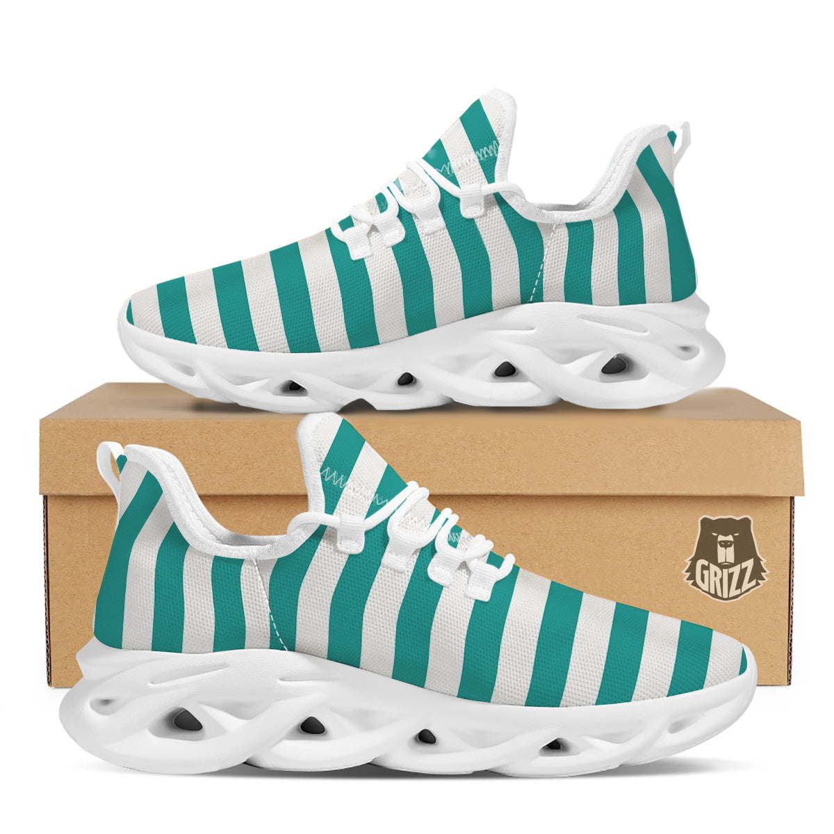 Turquoise Color Striped Print White Running Shoes-grizzshop