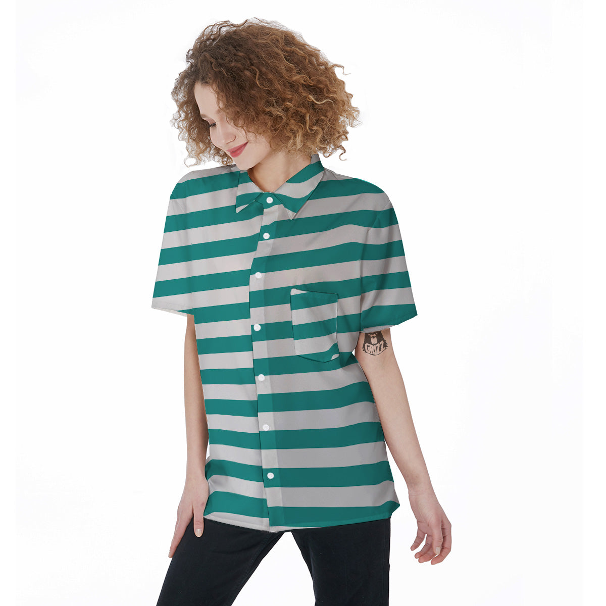 Turquoise Color Striped Print Women's Short Sleeve Shirts-grizzshop