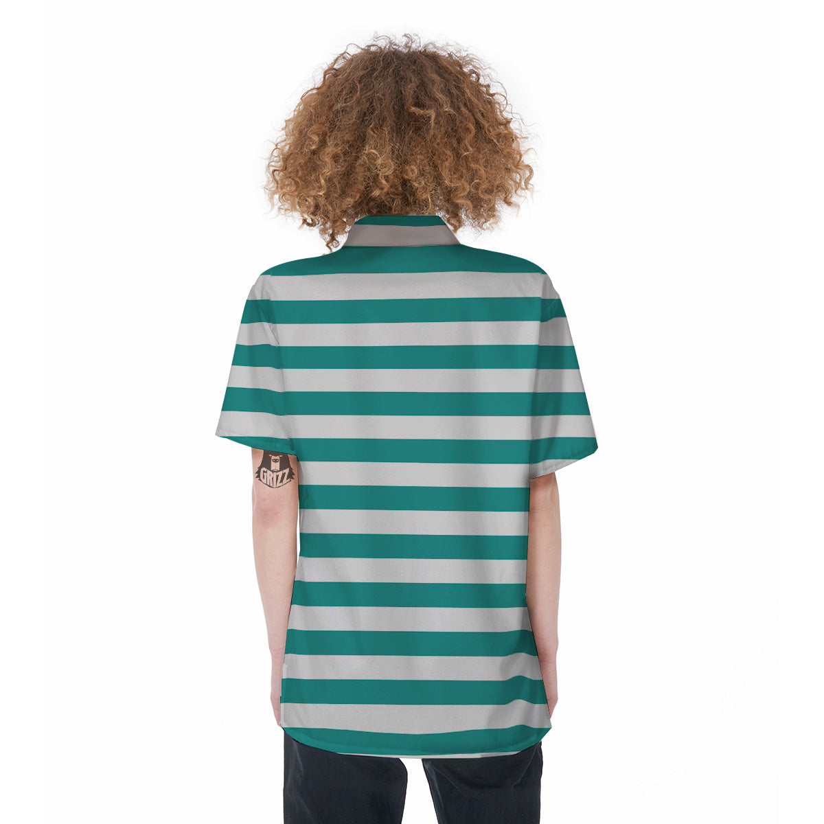 Turquoise Color Striped Print Women's Short Sleeve Shirts-grizzshop