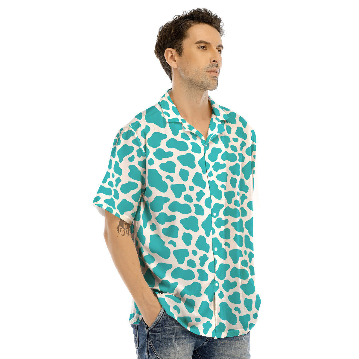 Turquoise Cow Print Pattern Men’s Hawaiian Shirt-grizzshop