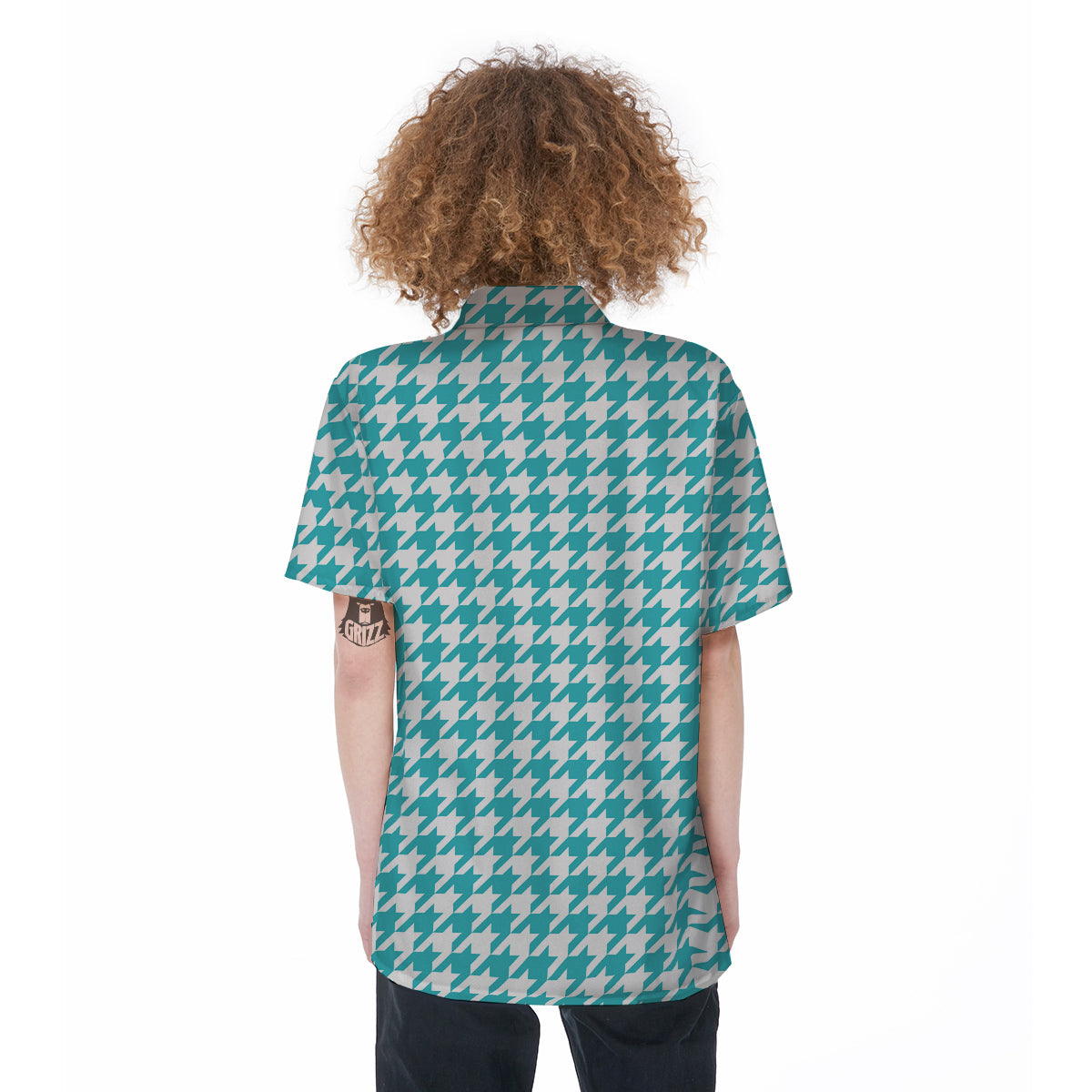 Turquoise Houndstooth Print Women's Short Sleeve Shirts-grizzshop